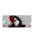 Moody anime mouse pad 28x12 inches with windblown black-haired figure and crimson face ribbon, smoky gray.