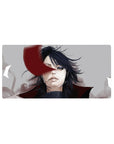 Anime mouse pad 32x16 inches with dramatic black-haired portrait and crimson ribbon slash, smoky backdrop.