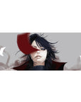 Anime desk pad 36x16 inches with windblown black-haired character and bold red face ribbon, smoky backdrop.