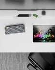 Sword Art Online mouse pad featuring Kirito, Asuna, Sinon, and Leafa, 14x10 inches, vibrant neon colors, perfect for fans.