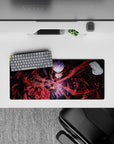28x12 inches mouse pad showcasing Gojo Satoru with swirling red energy, perfect for adding a powerful aura to your workspace.
