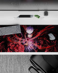 36x16 inches desk pad showcasing Gojo Satoru, with red swirling energy lines around him, ideal for fans seeking intensity in their workspace.
