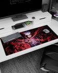 Artistic 36x16 inches desk pad with Gojo Satoru, featuring dynamic red energy lines and capturing his immense power from Jujutsu Kaisen.