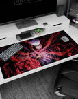 Large 40x20 inches desk pad with Gojo Satoru, surrounded by swirling red energy lines, perfect for fans who admire his skill and power from Jujutsu Kaisen.