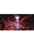 Jujutsu Kaisen desk pad featuring Gojo Satoru, 36x16 inches, with dynamic red energy lines emphasizing his power and skill.