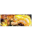 32x12 inches anime mouse pad with powerhouse fighter, energy rings, rocky shadows, and bold paint-splash art.
