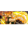 36x16 inches anime desk pad with powerhouse fighter, green outfit, rocky shadows, energy ring paint splashes.