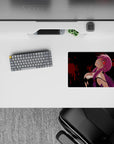 Dark neon-red and purple anime mouse pad 14x10 inches with glossy black vibe and crimson splatter.