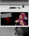 32x16 inches neon-red eyes anime mouse pad, black and purple palette with a wicked, edgy vibe.