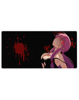 32x16 inches anime girl mouse pad with glossy dark backdrop, purple twin tails, and red splatter accents.