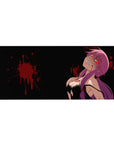 36x16 inches anime girl desk pad with glossy Yuno Gasai art, purple twin tails on black, red splatter.