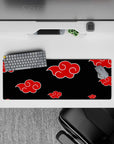 Black and red anime desk mat 32x12 inches, bold white outlines, clean dark vibe for gaming.