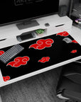 Itachi Uchiha-inspired Akatsuki desk pad 40x20 inches, red clouds on black for collectors.
