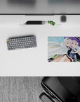 Cozy pastel anime girl mouse pad 14x10 inches in sky blue and soft green tones with playful mischief vibe.