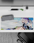 Cozy mischievous anime girl mouse pad 32x12 inches in sky blues, soft greens, and violet accents.