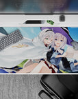 Cozy mischievous anime desk pad 40x20 inches in sky blues and soft greens with bright highlights.