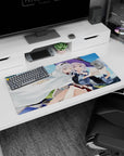 Two silver-haired girls snuggling under a billowing cloak, violet witch hat, anime mouse pad 32x16 inches.