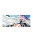 Anime girl mouse pad 28x12 inches with two silver-haired girls under a white cloak, witch hat detail.