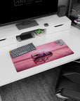 Dynamic Blush Horizon Drive artwork on 28x12 desk mat perfect for celebrating serene futuristic escapes