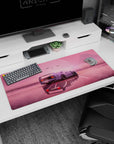 Tranquil artwork on 36x16 desk mat captures the harmony of futuristic cars and dreamy horizons in stunning fashion