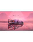 Blush Horizon Drive desk mat 40x20 featuring sleek car and dreamy pink landscape for serene futuristic style