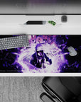 Dark violet anime desk pad 36x16 inches in smoky white haze, glitch fragments, moody storm energy.