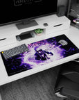 Sasuke Uchiha anime desk pad 36x16 inches with purple lightning aura, sharp eyes, rain and shards.