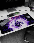 Sasuke Uchiha 40x20 inches desk pad with sharp eyes, purple lightning aura, shattered shards, and rain.