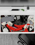 32x16 inches anime girl mouse pad, bold casino-club vibe with teal lips, candy nails, crisp black-white art.