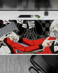 Bold casino-club anime desk pad 40x20 inches in red, black-gray checks, teal lips, crisp shadows.