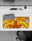28x12 inches anime mouse pad in hot orange and gold, fast loud energy with glowing chakra flames.