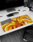 Naruto Uzumaki in Kurama chakra cloak staring forward, whisker marks and chest seal desk pad, 36x16 inches.