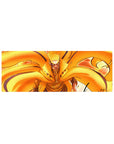 Anime mouse pad 32x12 inches with fiery Kurama chakra tails, bold black line art and spiral seal.