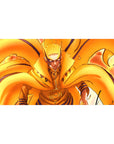 40x20 inches anime desk pad with Kurama chakra flames, spiral seal center, bold black line art.