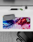 28x12 inches anime girl mouse pad in electric blue vs hot red, crackling energy and high-adrenaline vibe.