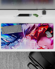 32x16 inches anime girl mouse pad in electric blue vs hot red, crackling energy and high-adrenaline mood.