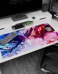 40x20 inches anime girl desk pad showing two fierce rivals locked eyes, hair whipping, armor and suit.