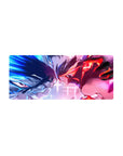28x12 inches anime girl mouse pad with two fighters facing off in a neon grid background, dynamic hair and armor.