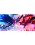 Neon standoff anime girl desk pad mouse pad, two fighters facing off, 36x16 inches.