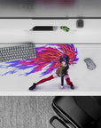 Touka Kirishima Tokyo Ghoul desk pad 36x16 inches, showcasing her kagune, vibrant reds, violets, and purples on white.