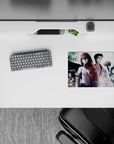 Teal haze and soft rain classic anime mouse pad 14x10 inches, crisp white shirt and red tie, time digits.