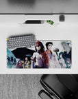 Teal haze and rainy tones anime mouse pad 28x12 inches with bold print and time-like numbers.