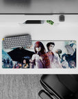 Teal haze and soft rain tones anime mouse pad 32x12 inches, crisp white shirt, red tie, time digits.