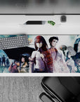 Teal haze and soft rain tones anime desk pad 36x16 inches, crisp white shirt, red tie, time numbers.