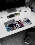 Kurisu Makise with Okabe in lab coat anime mouse pad 28x12 inches, white shirt red tie scene.