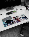 Kurisu Makise and Okabe Rintarou under rain with umbrellas, anime mouse pad 32x12 inches, calm intense.