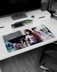 Kurisu Makise and Okabe Rintarou under umbrellas on a 32x16 inches anime mouse pad, calm vs stormy gaze.
