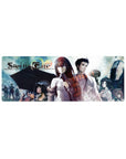 Steins;Gate anime mouse pad 32x12 inches with Kurisu and Okabe, lab coat, rain haze, glowing numbers.