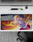 Warm sunset orange anime mouse pad 32x16 inches with glowing rim light and cozy dreamy sky gradients.