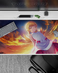 40x20 inches anime desk pad in warm orange sunset gradients with glowing rim light, cozy dreamy vibe.